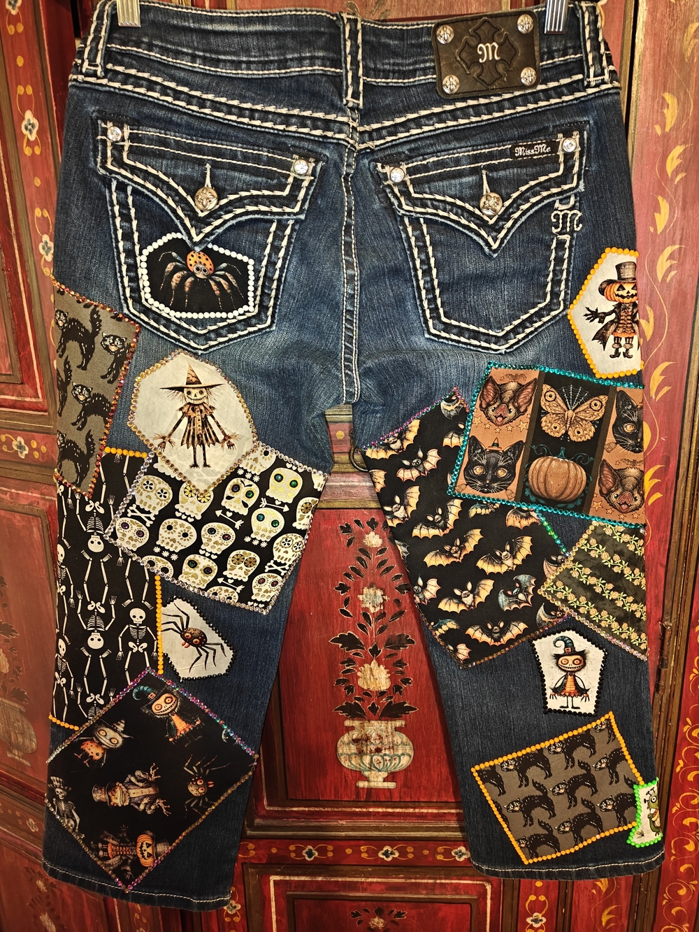 Art Wear One Of A Kind Halloween Frankenweenie Patchwork Rhinestone Jeans 32